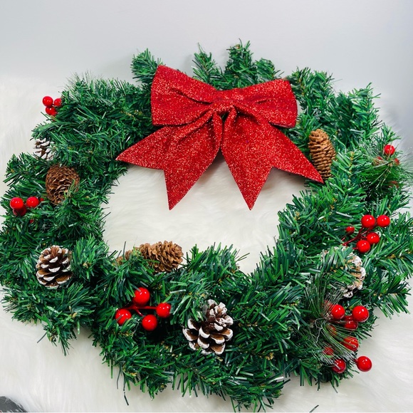 New Christmas Wreath for Door with Pine Cones Berry Spruce Red Ribbon Bow 50cm - Picture 4 of 10